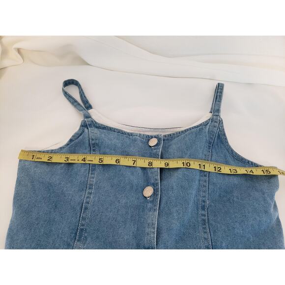 Vintage Skort Romper Girls XL Blue Denim Yellow Floral Spaghetti Strap One Piece - Picture 8 of 15